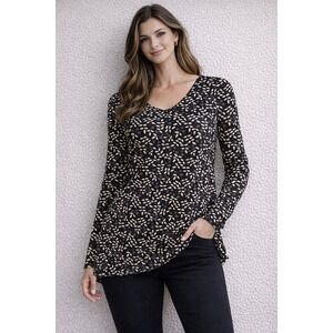 Gudrun Sjoden Organic Cotton Leaf Print Tunic Top V-Neck Long Sleeve Black M